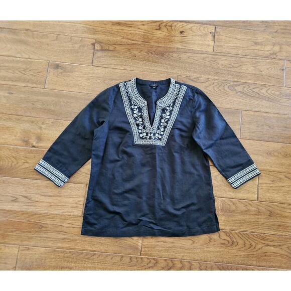 Talbots Tops - Talbots Womens Blouse Small P Black Embroidered Linen Blend Neck 3/4 Sleeve